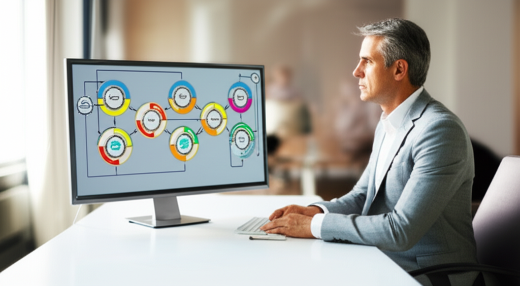 Executive analyzing a multi-step agentic AI workflow task decomposition diagram on a large monitor