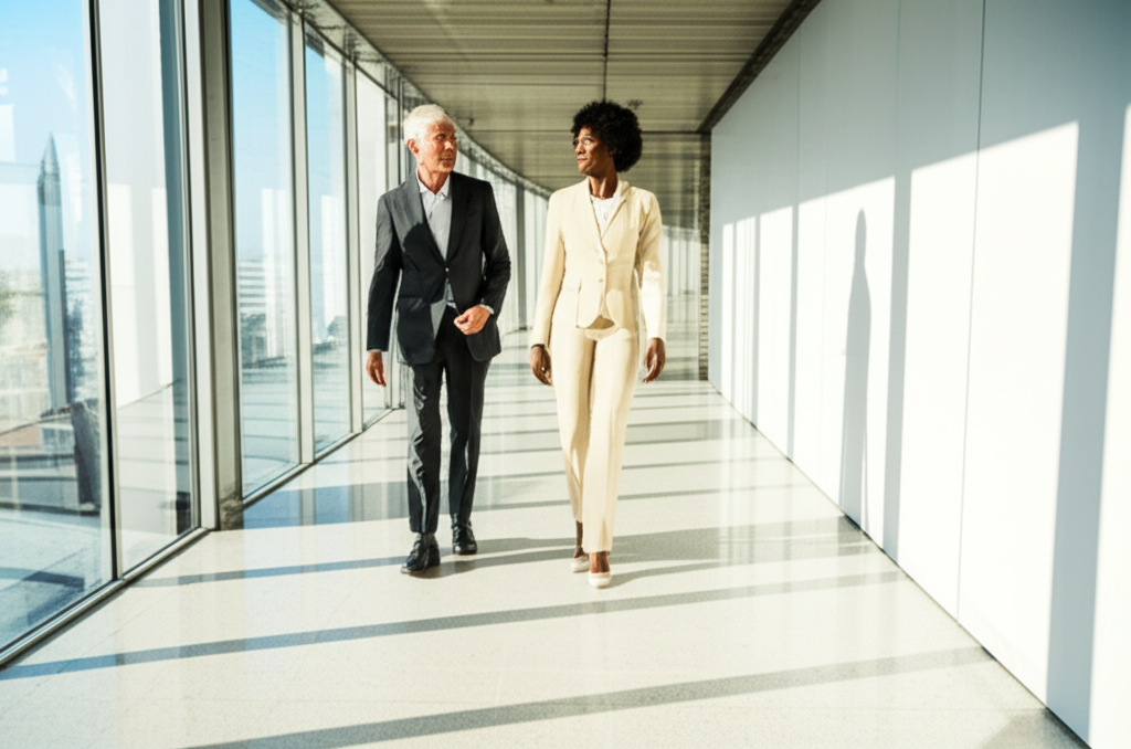 Two senior enterprise executives walking confidently through a modern corporate office discussing AI strategy